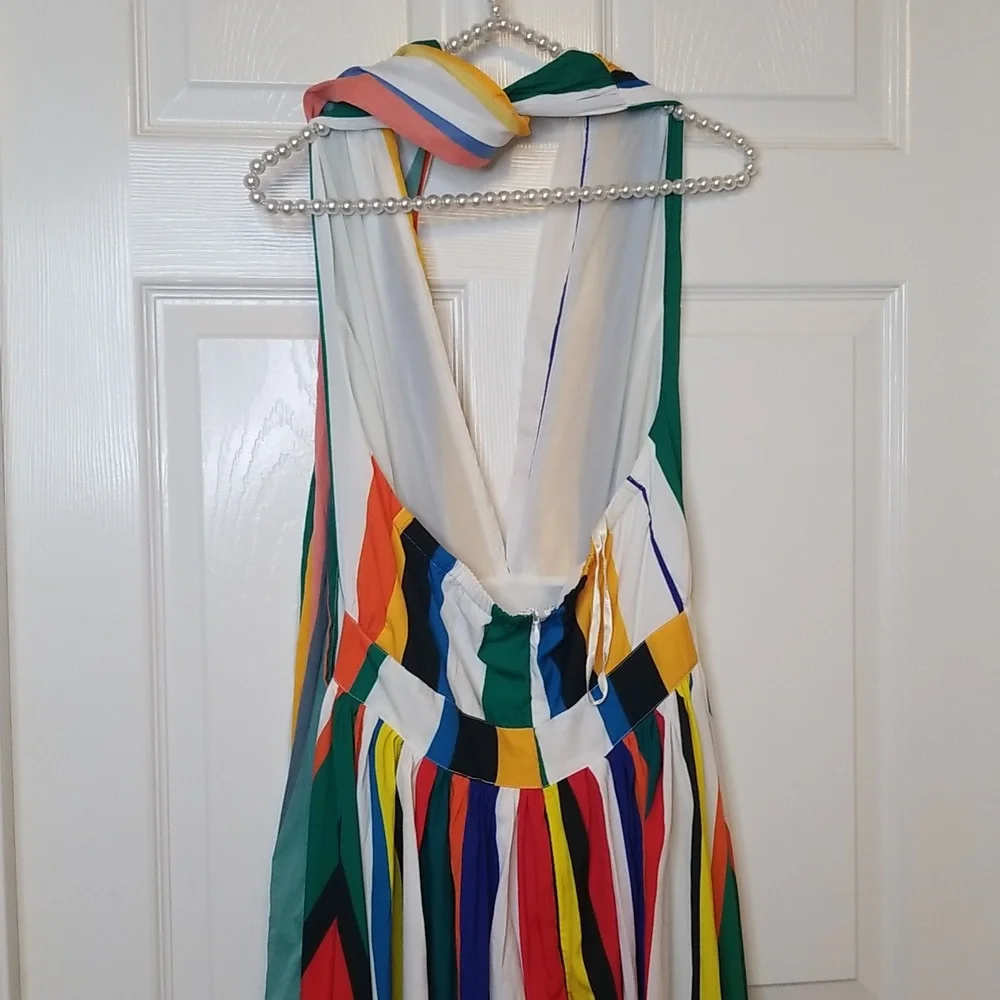 Boston Proper Vertical Backless Striped Halter Top Sleeveless Maxi Dress - Picture 5 of 14